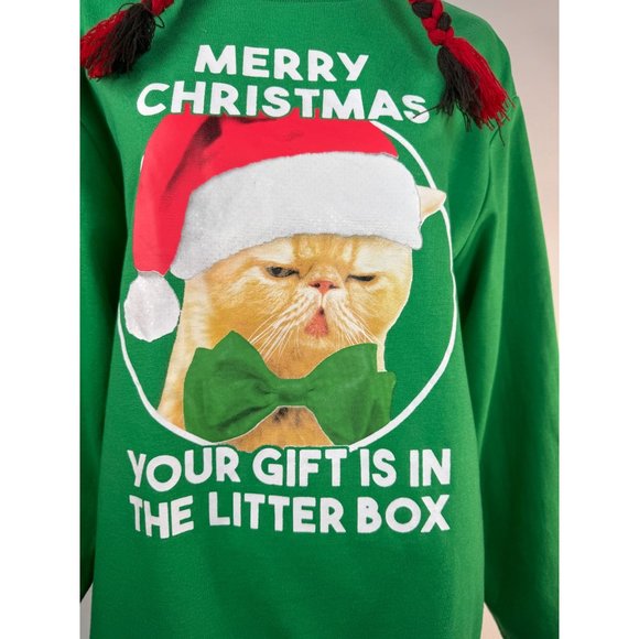 MAD Engine Ugly Christmas Holiday Cat Gift Sweatshirt Medium Green Cotton Blend - Picture 2 of 16